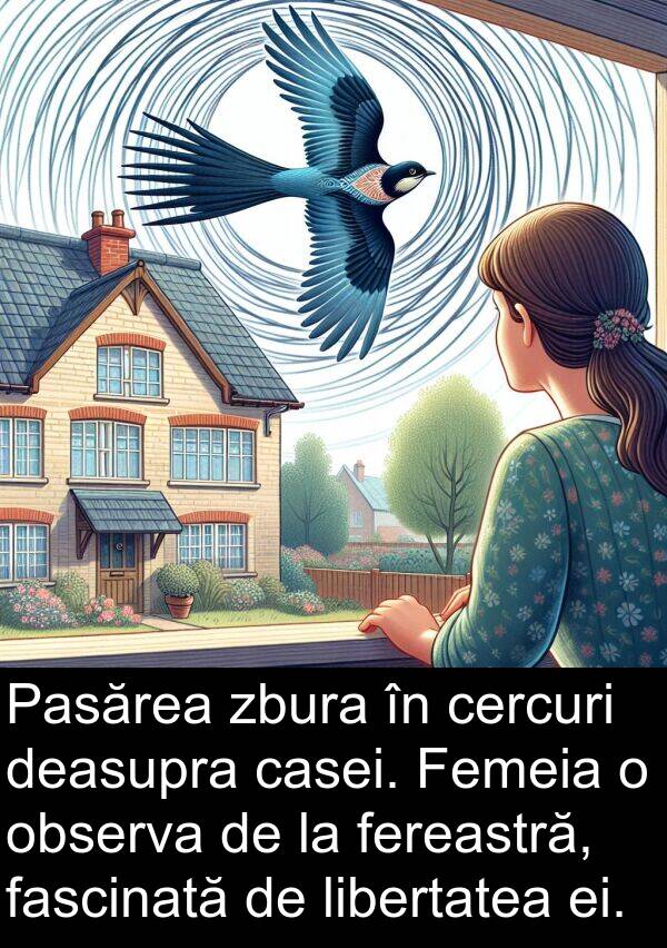 deasupra: Pasărea zbura în cercuri deasupra casei. Femeia o observa de la fereastră, fascinată de libertatea ei.