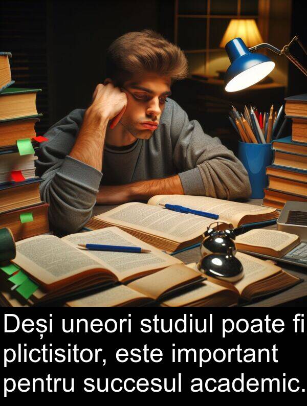 uneori: Deși uneori studiul poate fi plictisitor, este important pentru succesul academic.