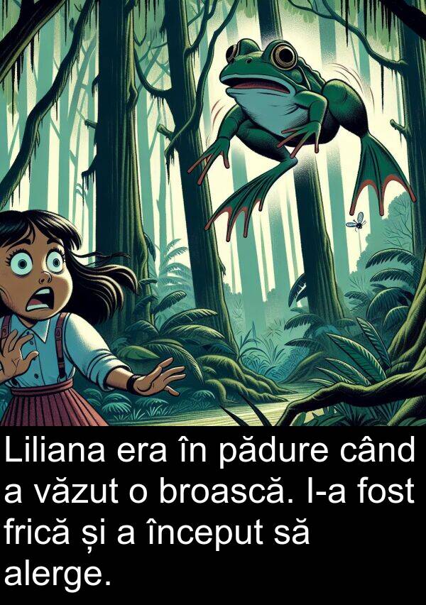 pădure: Liliana era în pădure când a văzut o broască. I-a fost frică și a început să alerge.