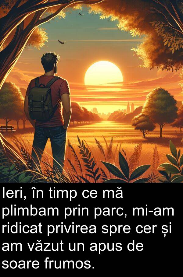 soare: Ieri, în timp ce mă plimbam prin parc, mi-am ridicat privirea spre cer și am văzut un apus de soare frumos.