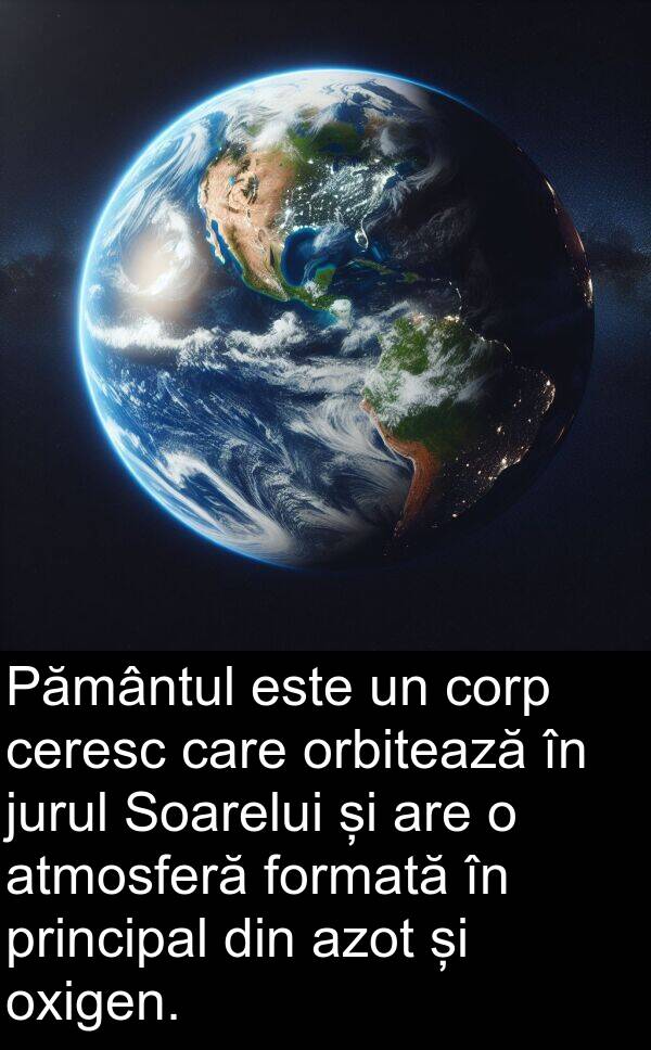 jurul: Pământul este un corp ceresc care orbitează în jurul Soarelui și are o atmosferă formată în principal din azot și oxigen.