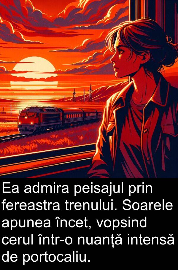 nuanță: Ea admira peisajul prin fereastra trenului. Soarele apunea încet, vopsind cerul într-o nuanță intensă de portocaliu.