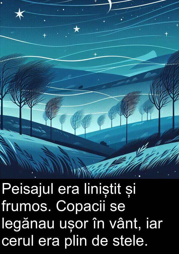 iar: Peisajul era liniștit și frumos. Copacii se legănau ușor în vânt, iar cerul era plin de stele.