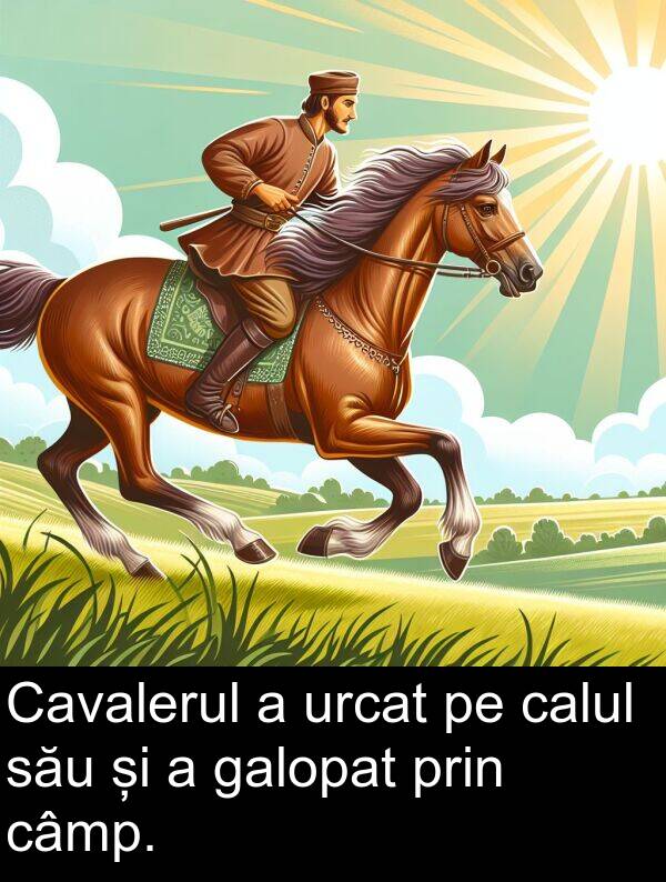 calul: Cavalerul a urcat pe calul său și a galopat prin câmp.