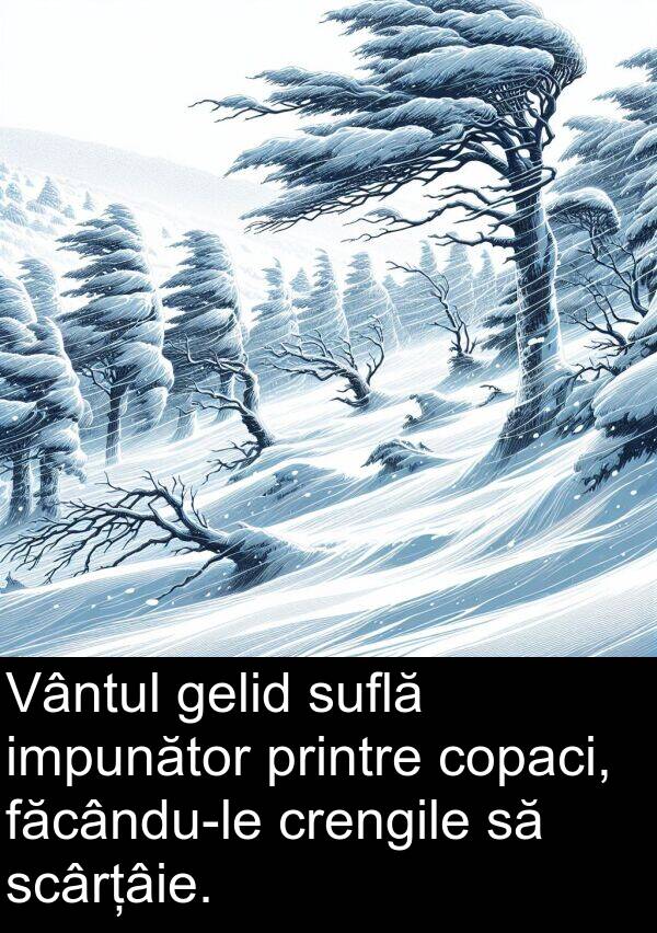 impunător: Vântul gelid suflă impunător printre copaci, făcându-le crengile să scârțâie.