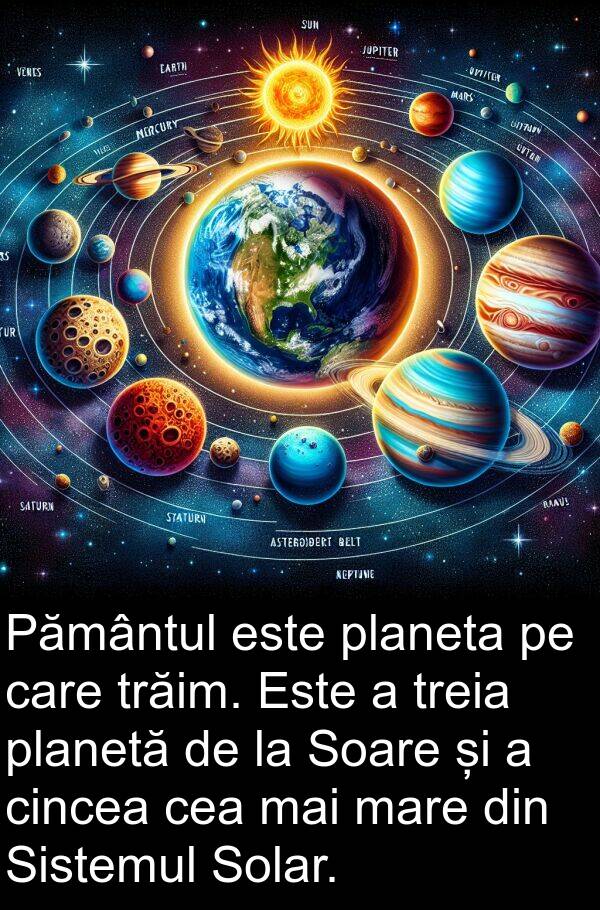 trăim: Pământul este planeta pe care trăim. Este a treia planetă de la Soare și a cincea cea mai mare din Sistemul Solar.