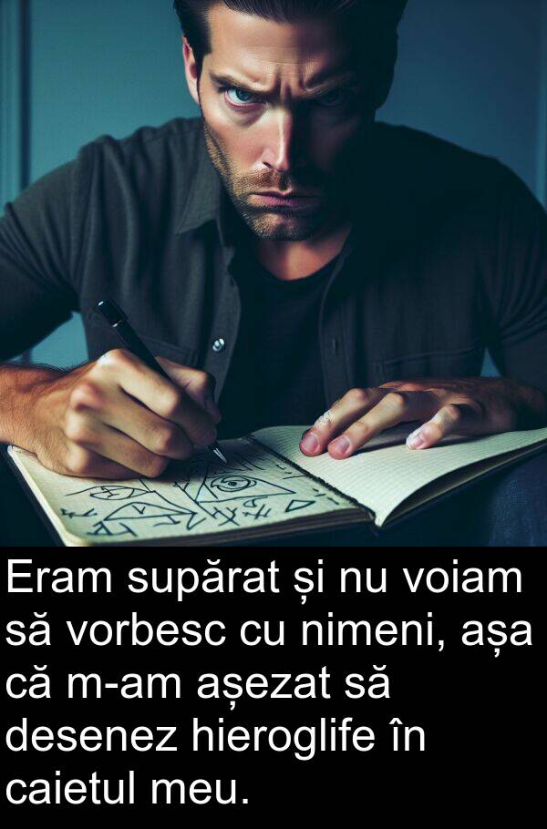 hieroglife: Eram supărat și nu voiam să vorbesc cu nimeni, așa că m-am așezat să desenez hieroglife în caietul meu.