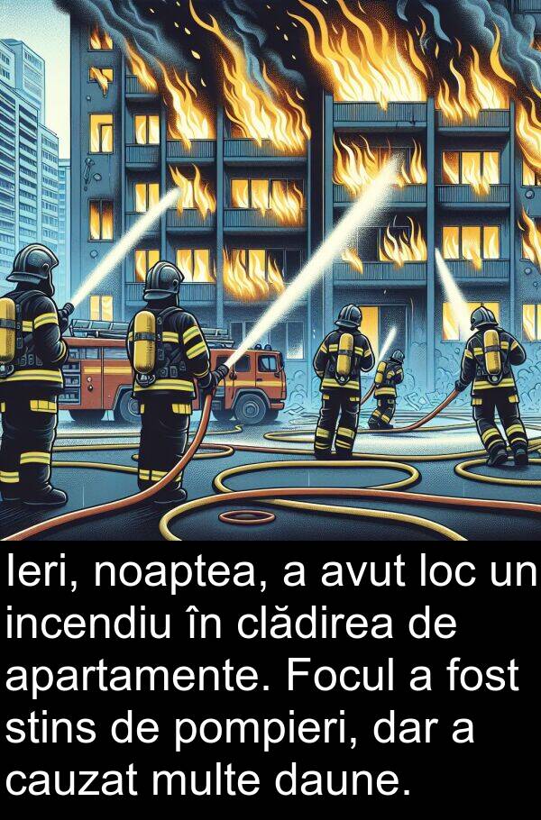 daune: Ieri, noaptea, a avut loc un incendiu în clădirea de apartamente. Focul a fost stins de pompieri, dar a cauzat multe daune.