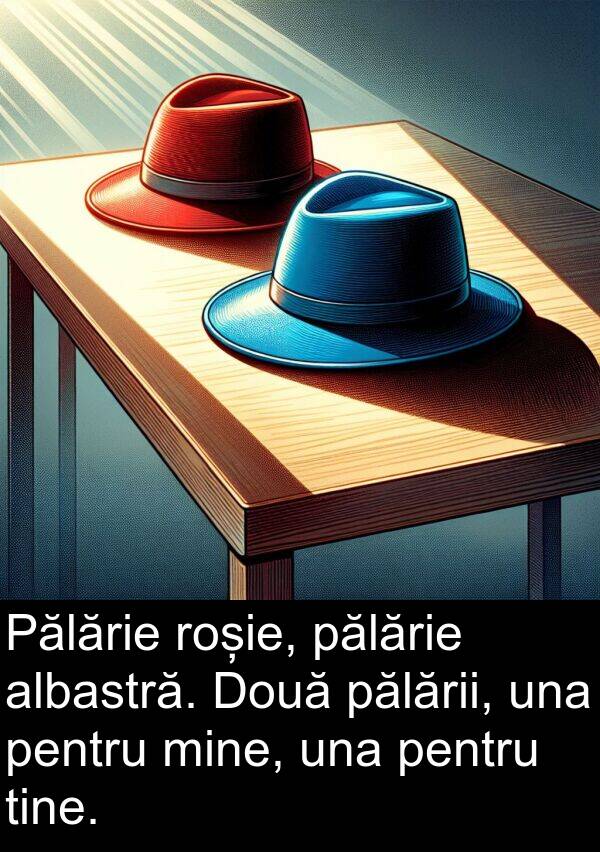 pălării: Pălărie roșie, pălărie albastră. Două pălării, una pentru mine, una pentru tine.