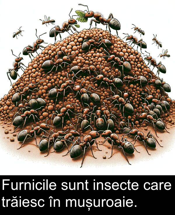 insecte: Furnicile sunt insecte care trăiesc în mușuroaie.