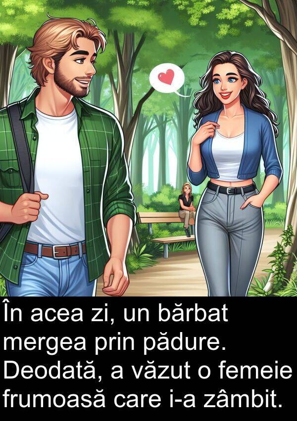 zi: În acea zi, un bărbat mergea prin pădure. Deodată, a văzut o femeie frumoasă care i-a zâmbit.