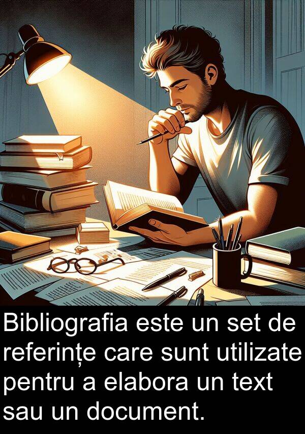 elabora: Bibliografia este un set de referințe care sunt utilizate pentru a elabora un text sau un document.