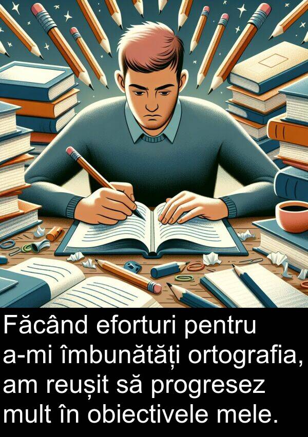 îmbunătăți: Făcând eforturi pentru a-mi îmbunătăți ortografia, am reușit să progresez mult în obiectivele mele.