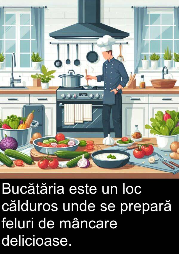 călduros: Bucătăria este un loc călduros unde se prepară feluri de mâncare delicioase.