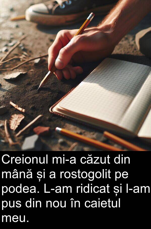 mână: Creionul mi-a căzut din mână și a rostogolit pe podea. L-am ridicat și l-am pus din nou în caietul meu.