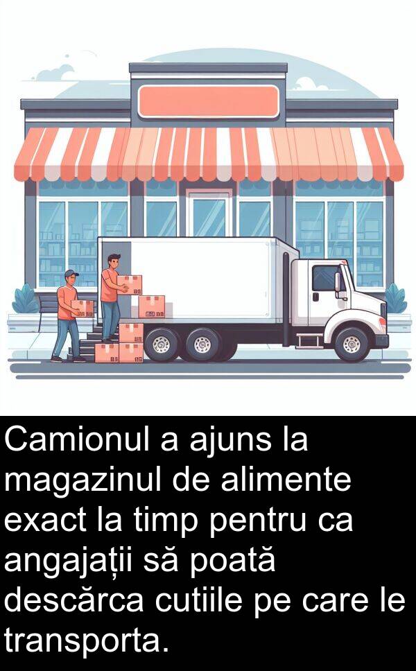 magazinul: Camionul a ajuns la magazinul de alimente exact la timp pentru ca angajații să poată descărca cutiile pe care le transporta.