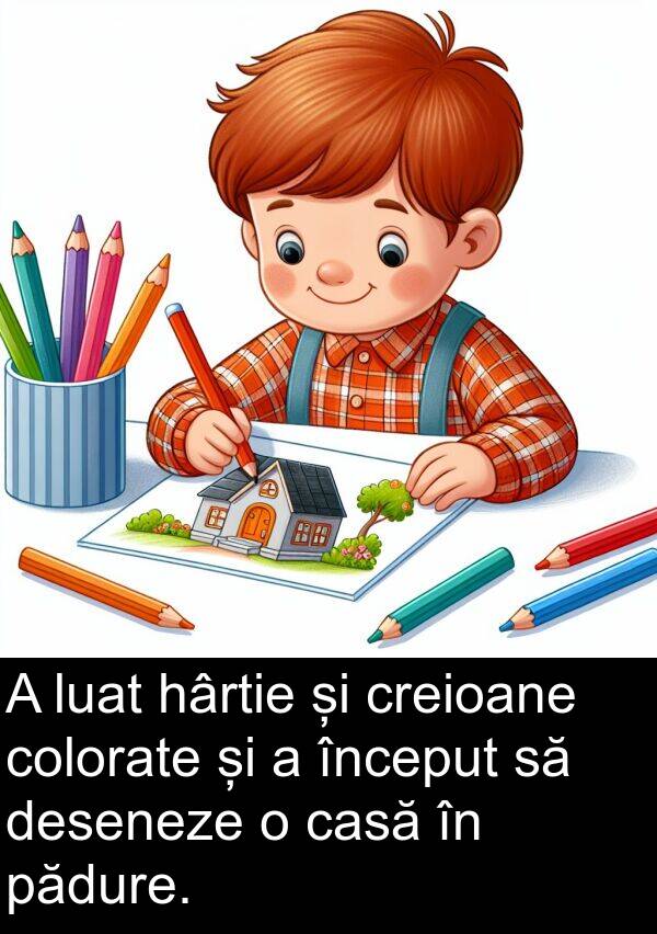 hârtie: A luat hârtie și creioane colorate și a început să deseneze o casă în pădure.