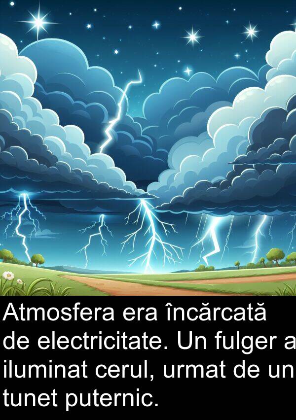 iluminat: Atmosfera era încărcată de electricitate. Un fulger a iluminat cerul, urmat de un tunet puternic.