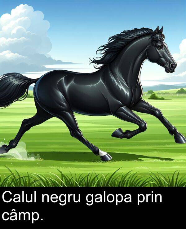 câmp: Calul negru galopa prin câmp.