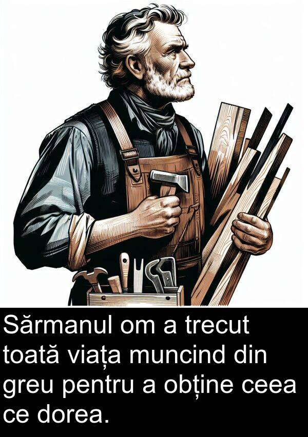 obține: Sărmanul om a trecut toată viața muncind din greu pentru a obține ceea ce dorea.