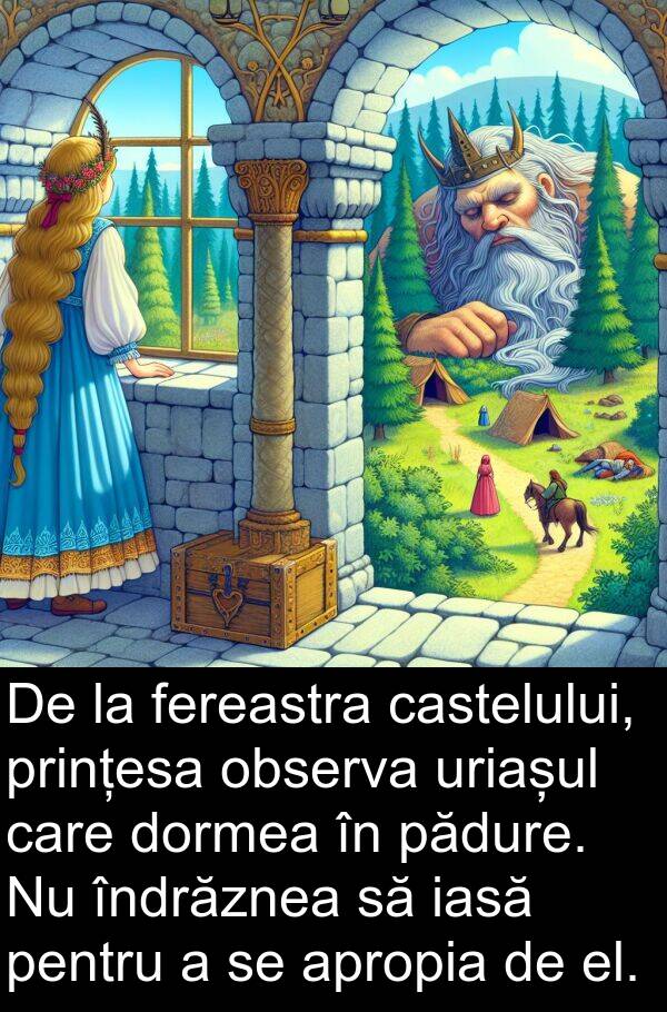 iasă: De la fereastra castelului, prințesa observa uriașul care dormea în pădure. Nu îndrăznea să iasă pentru a se apropia de el.