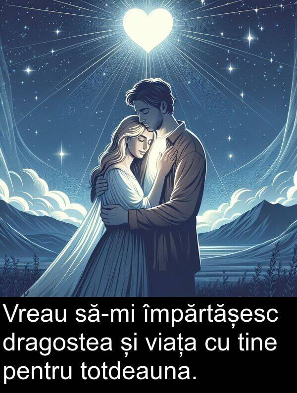 împărtășesc: Vreau să-mi împărtășesc dragostea și viața cu tine pentru totdeauna.