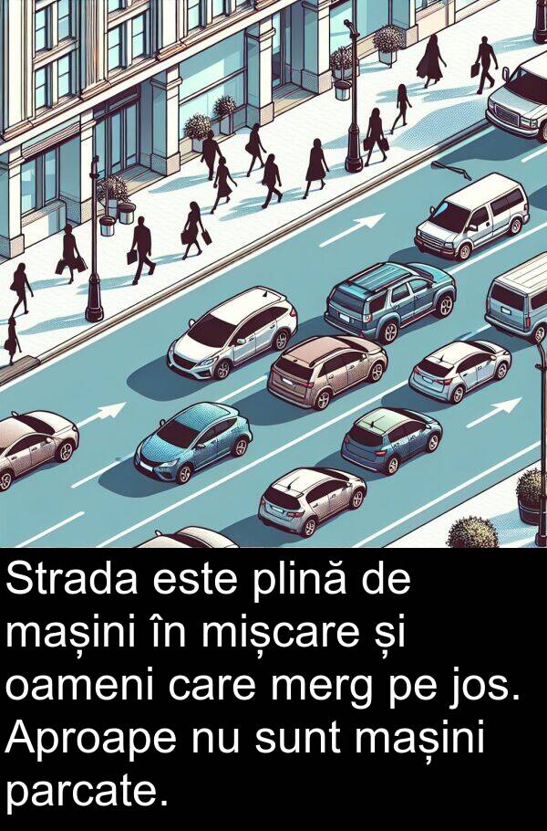 jos: Strada este plină de mașini în mișcare și oameni care merg pe jos. Aproape nu sunt mașini parcate.