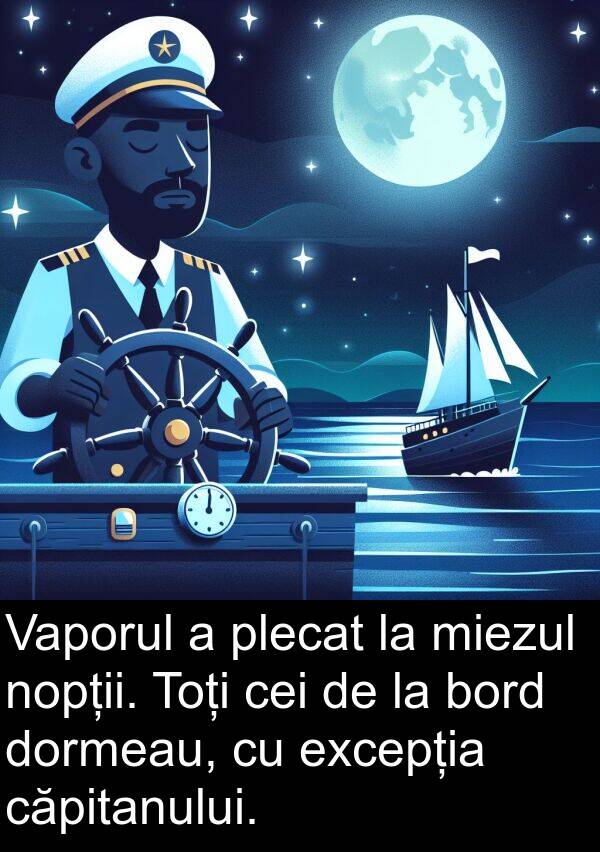 dormeau: Vaporul a plecat la miezul nopții. Toți cei de la bord dormeau, cu excepția căpitanului.