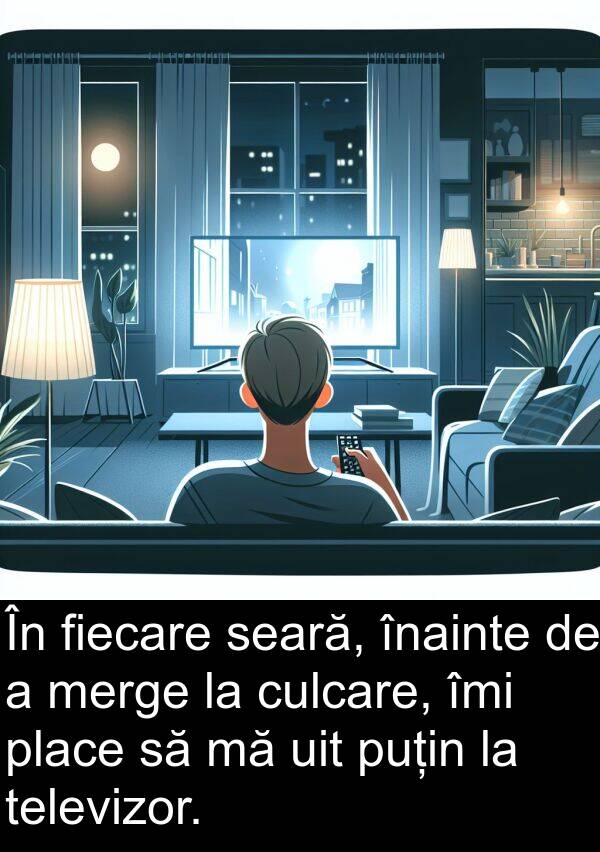 televizor: În fiecare seară, înainte de a merge la culcare, îmi place să mă uit puțin la televizor.