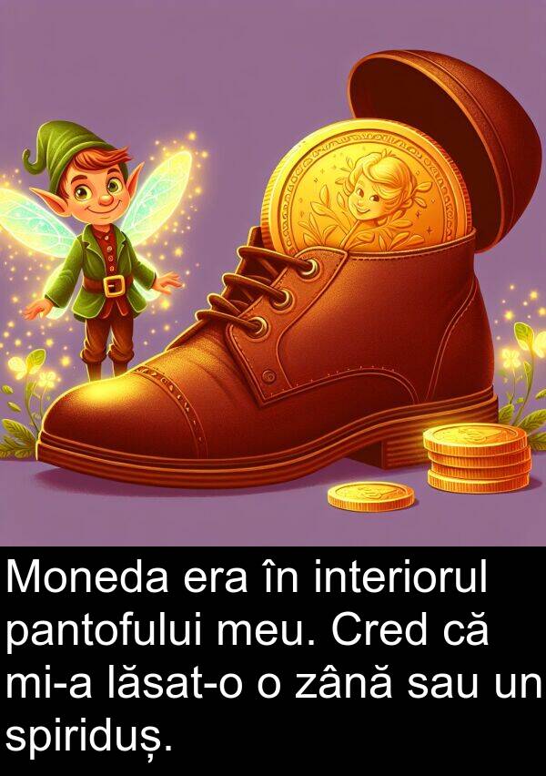 pantofului: Moneda era în interiorul pantofului meu. Cred că mi-a lăsat-o o zână sau un spiriduș.