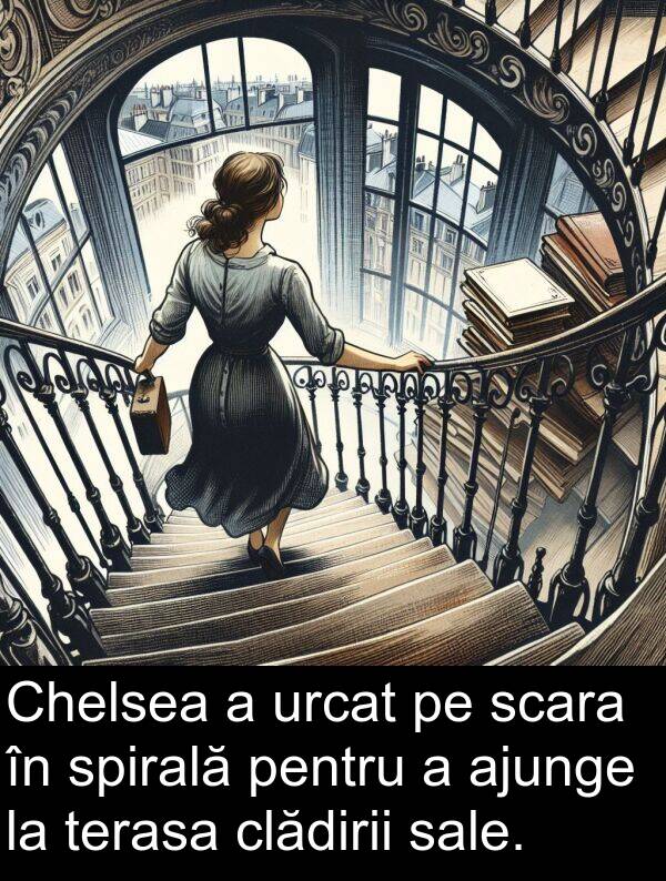 spirală: Chelsea a urcat pe scara în spirală pentru a ajunge la terasa clădirii sale.