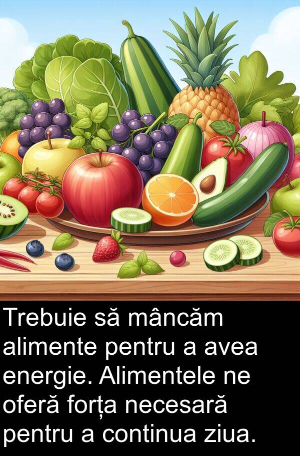 oferă: Trebuie să mâncăm alimente pentru a avea energie. Alimentele ne oferă forța necesară pentru a continua ziua.