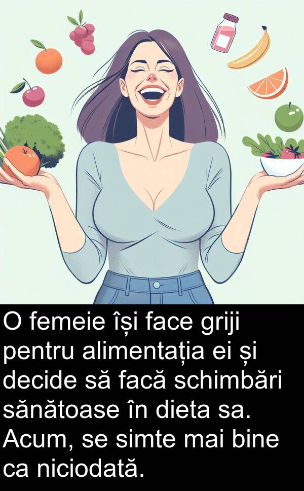 decide: O femeie își face griji pentru alimentația ei și decide să facă schimbări sănătoase în dieta sa. Acum, se simte mai bine ca niciodată.