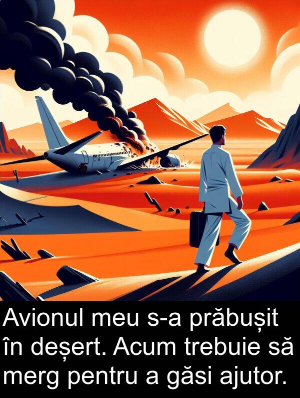 deșert: Avionul meu s-a prăbușit în deșert. Acum trebuie să merg pentru a găsi ajutor.