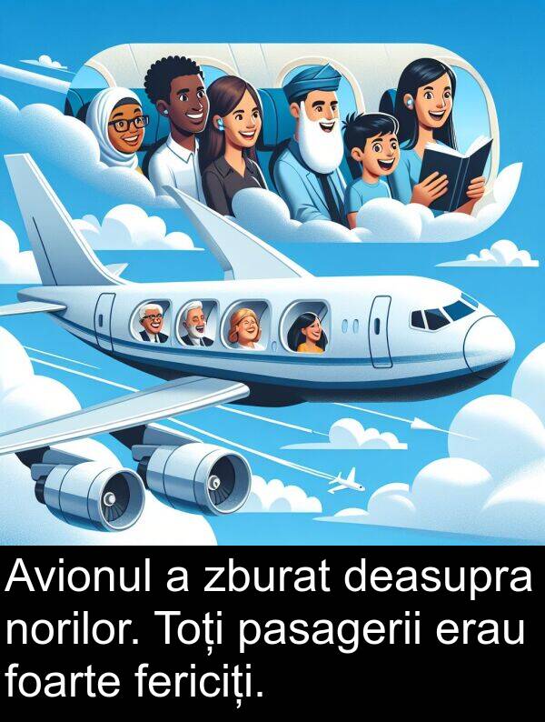 deasupra: Avionul a zburat deasupra norilor. Toți pasagerii erau foarte fericiți.