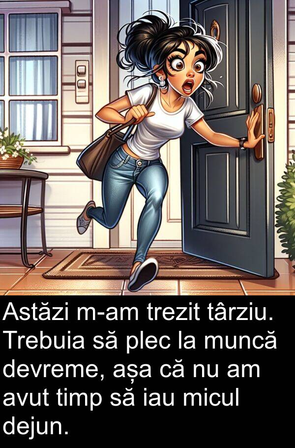 iau: Astăzi m-am trezit târziu. Trebuia să plec la muncă devreme, așa că nu am avut timp să iau micul dejun.