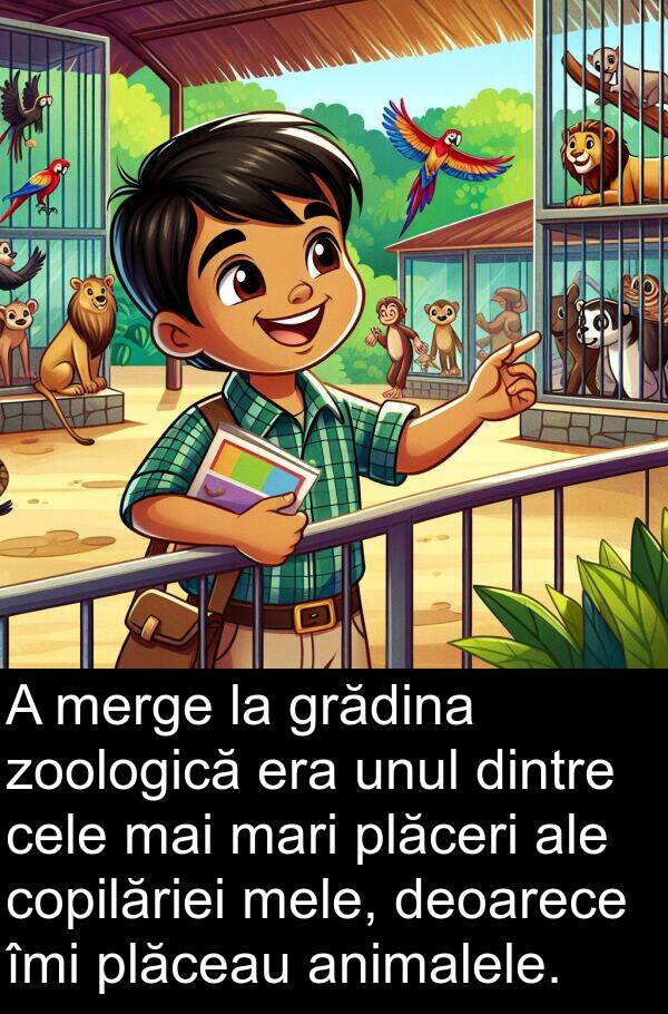 zoologică: A merge la grădina zoologică era unul dintre cele mai mari plăceri ale copilăriei mele, deoarece îmi plăceau animalele.