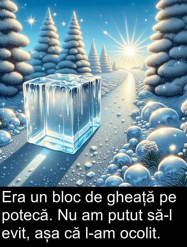 ocolit: Era un bloc de gheață pe potecă. Nu am putut să-l evit, așa că l-am ocolit.