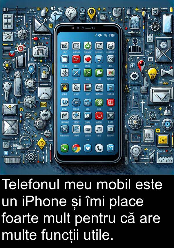 iPhone: Telefonul meu mobil este un iPhone și îmi place foarte mult pentru că are multe funcții utile.