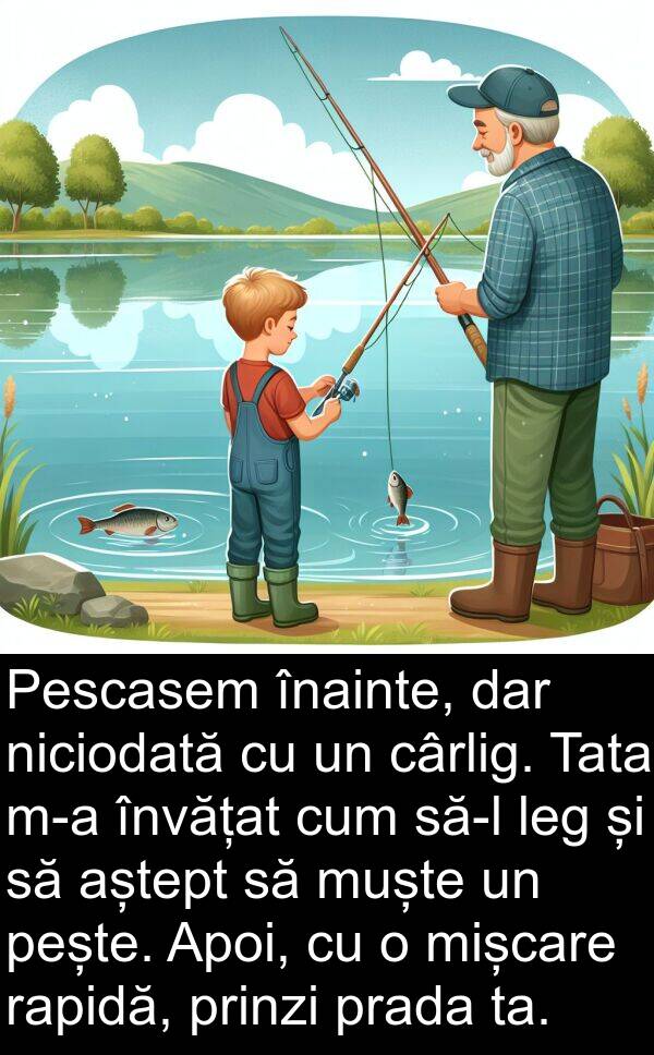 leg: Pescasem înainte, dar niciodată cu un cârlig. Tata m-a învățat cum să-l leg și să aștept să muște un pește. Apoi, cu o mișcare rapidă, prinzi prada ta.