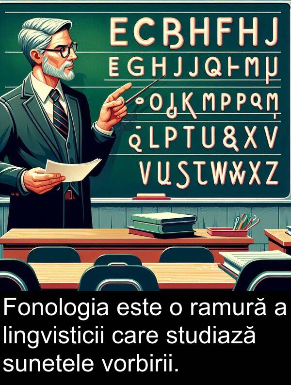 ramură: Fonologia este o ramură a lingvisticii care studiază sunetele vorbirii.