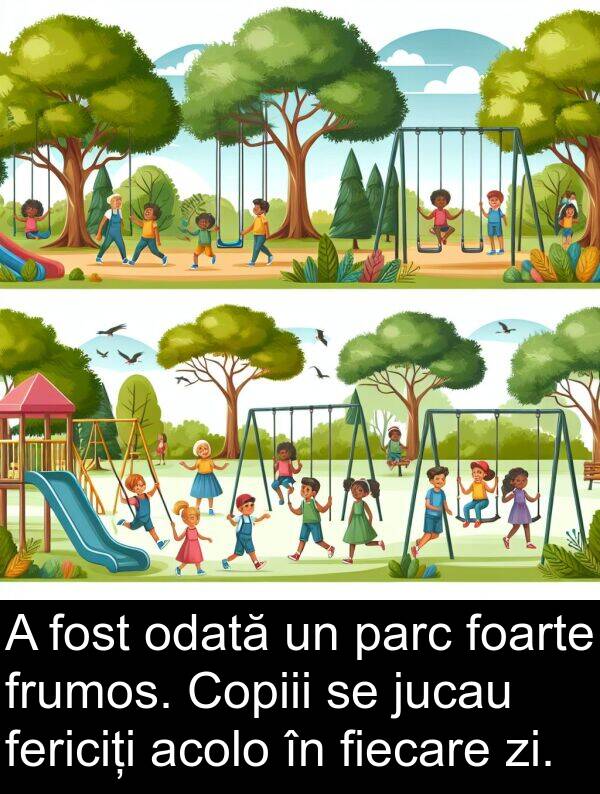 zi: A fost odată un parc foarte frumos. Copiii se jucau fericiți acolo în fiecare zi.