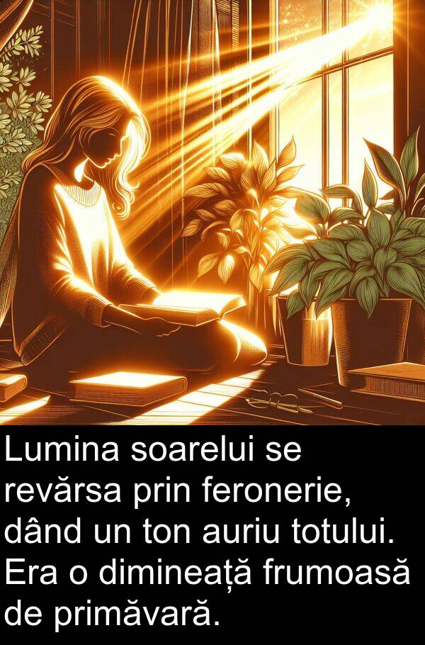 dând: Lumina soarelui se revărsa prin feronerie, dând un ton auriu totului. Era o dimineață frumoasă de primăvară.