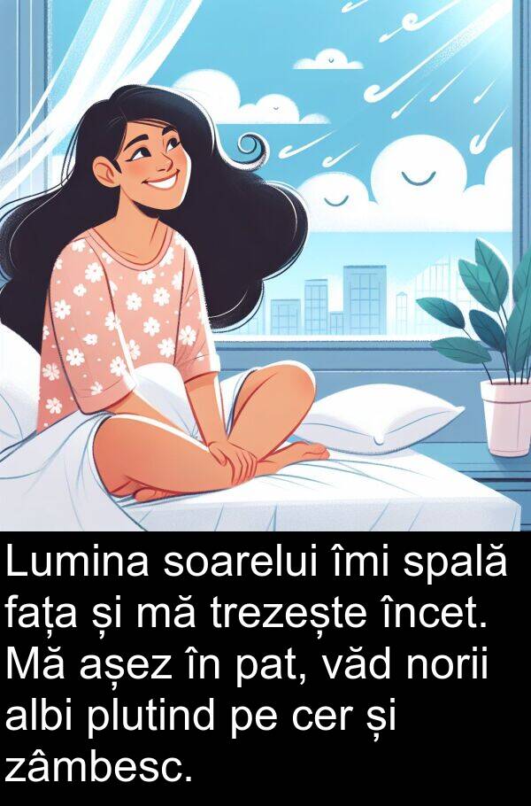 fața: Lumina soarelui îmi spală fața și mă trezește încet. Mă așez în pat, văd norii albi plutind pe cer și zâmbesc.