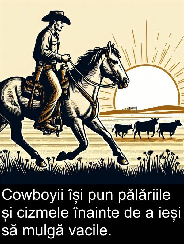 ieși: Cowboyii își pun pălăriile și cizmele înainte de a ieși să mulgă vacile.