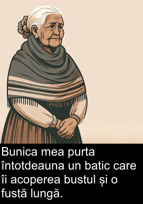 batic: Bunica mea purta întotdeauna un batic care îi acoperea bustul și o fustă lungă.