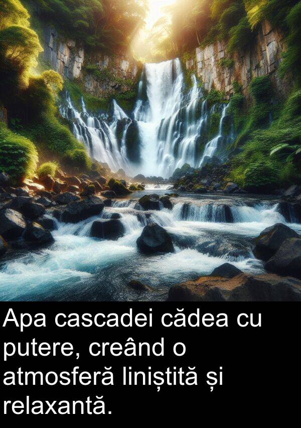cădea: Apa cascadei cădea cu putere, creând o atmosferă liniștită și relaxantă.