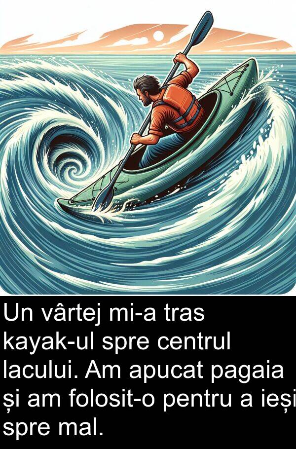 ieși: Un vârtej mi-a tras kayak-ul spre centrul lacului. Am apucat pagaia și am folosit-o pentru a ieși spre mal.