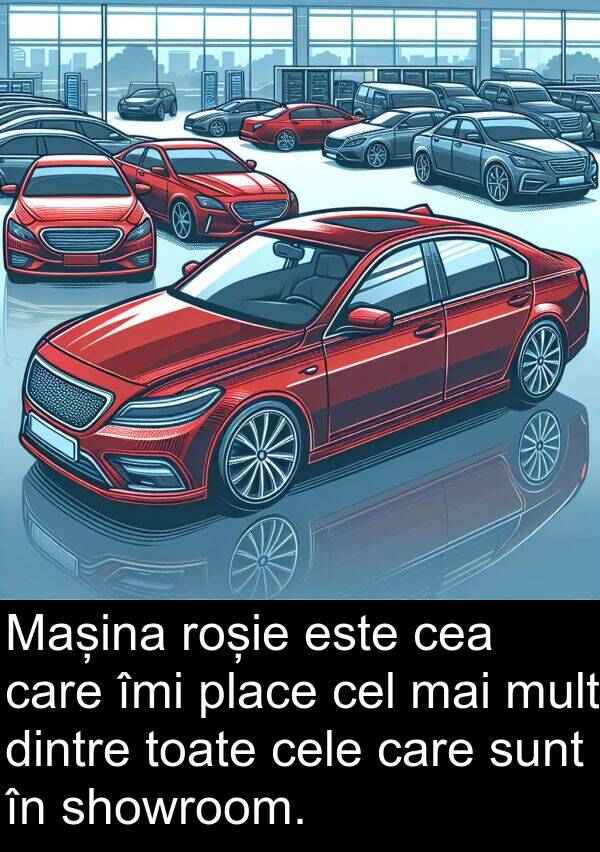 toate: Mașina roșie este cea care îmi place cel mai mult dintre toate cele care sunt în showroom.