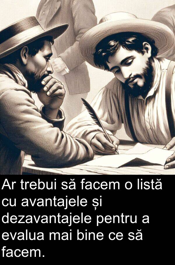 facem: Ar trebui să facem o listă cu avantajele și dezavantajele pentru a evalua mai bine ce să facem.